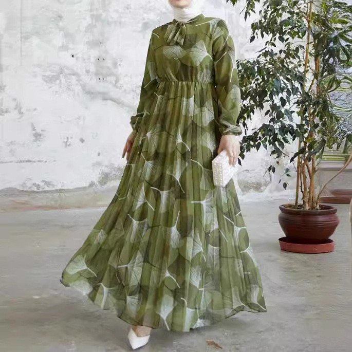 Graceful Islamic Clothing Women – Pleated Long Dress with Leaf Motif - Army Green , XL