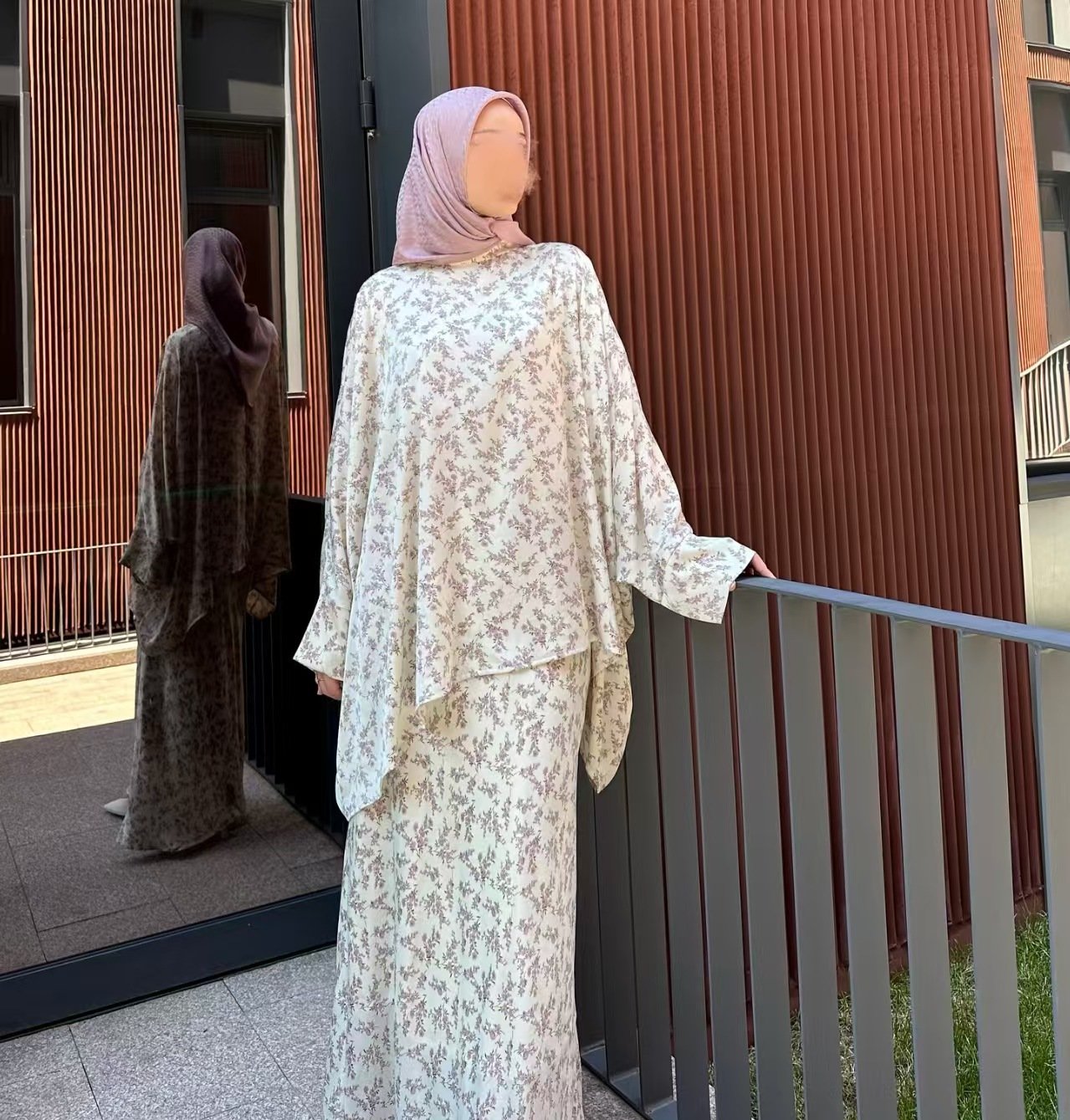 Radiant Dress Fashion – Floral Long Dress with Batwing Sleeves Two-piece Set - Beige Print , S