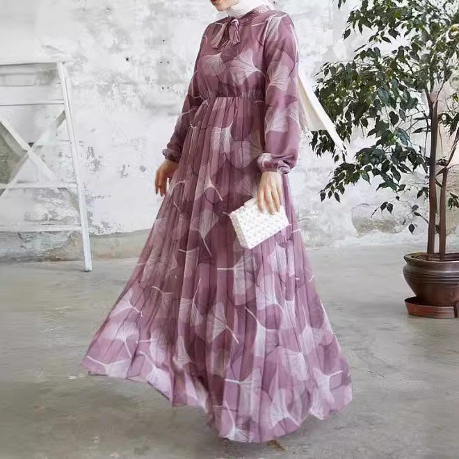 Graceful Islamic Clothing Women – Pleated Long Dress with Leaf Motif - Purple , XXL