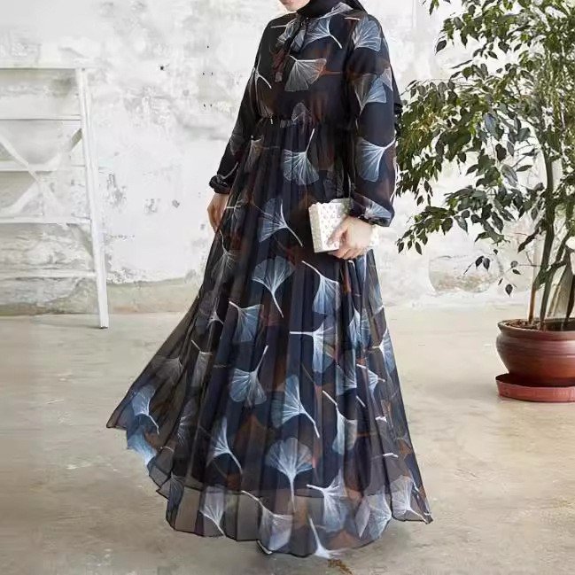 Graceful Islamic Clothing Women – Pleated Long Dress with Leaf Motif - Navy Blue , M