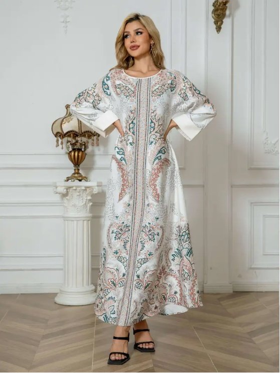 🌸 Floral Grace Long Sleeve Abaya Dress – Exaggerated Lace & Flower Print in Micro-Elastic Comfort - White , S