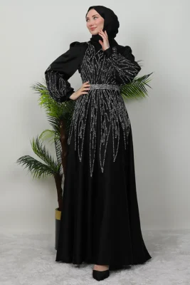 ✨ PowerGlow Satin Evening Dress – Stone Detail, Belted, Plus Size Available 44 1 15