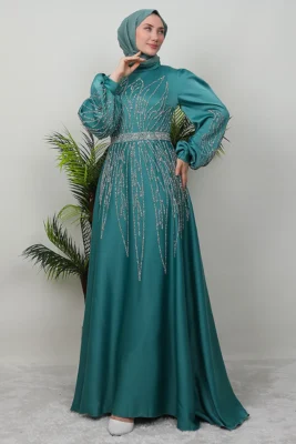 ✨ PowerGlow Satin Evening Dress – Stone Detail, Belted, Plus Size Available 46 1 18