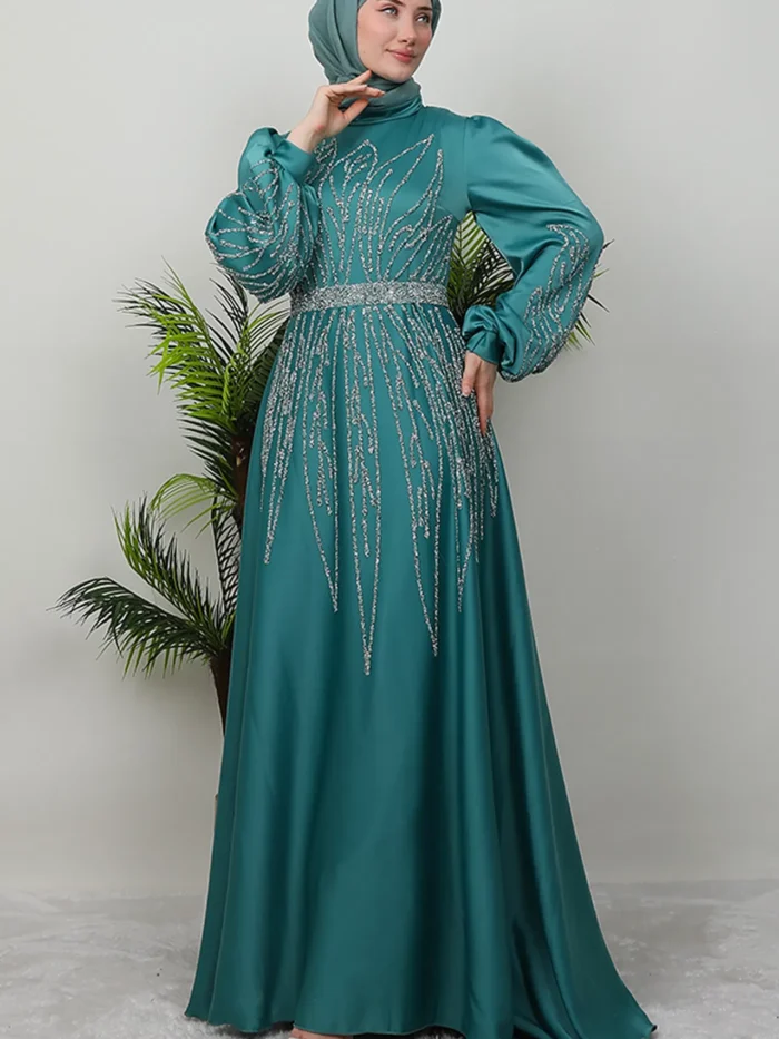 Alternative view of ✨ PowerGlow Satin Evening Dress – Stone Detail, Belted, Plus Size Available