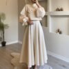 ✨ PowerForm Skirt Suit Two-piece Set – Embossed Lantern Sleeve Modestwear - Image 2