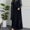 ✨ Regal Radiance Gold and Black Abaya – Velvet Elegance with Jade Stone Detailing - Image 6