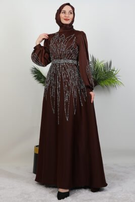 ✨ PowerGlow Satin Evening Dress – Stone Detail, Belted, Plus Size Available 43 ikbal tasli saten abiye aci kahve 108781 23 B