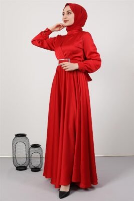 ✨ Radiance Long Sleeve Satin Dress – Modest Kobe Satin Elegance 79 onu pileli tesettur abiye kirmizi bfdc d