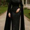 Regal Pearl Embroidered Evening Dress with Cape - Image 5