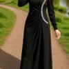 Stunning Satin Evening Dress with Sleeves – Side Stone Pleated Elegance - Image 2