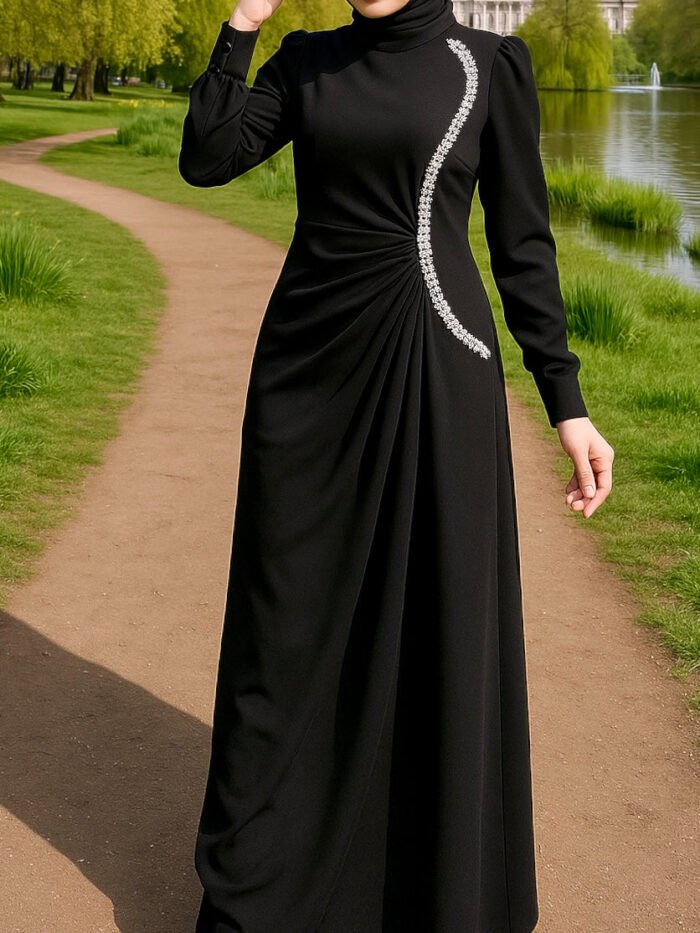 Alternative view of Stunning Satin Evening Dress with Sleeves – Side Stone Pleated Elegance