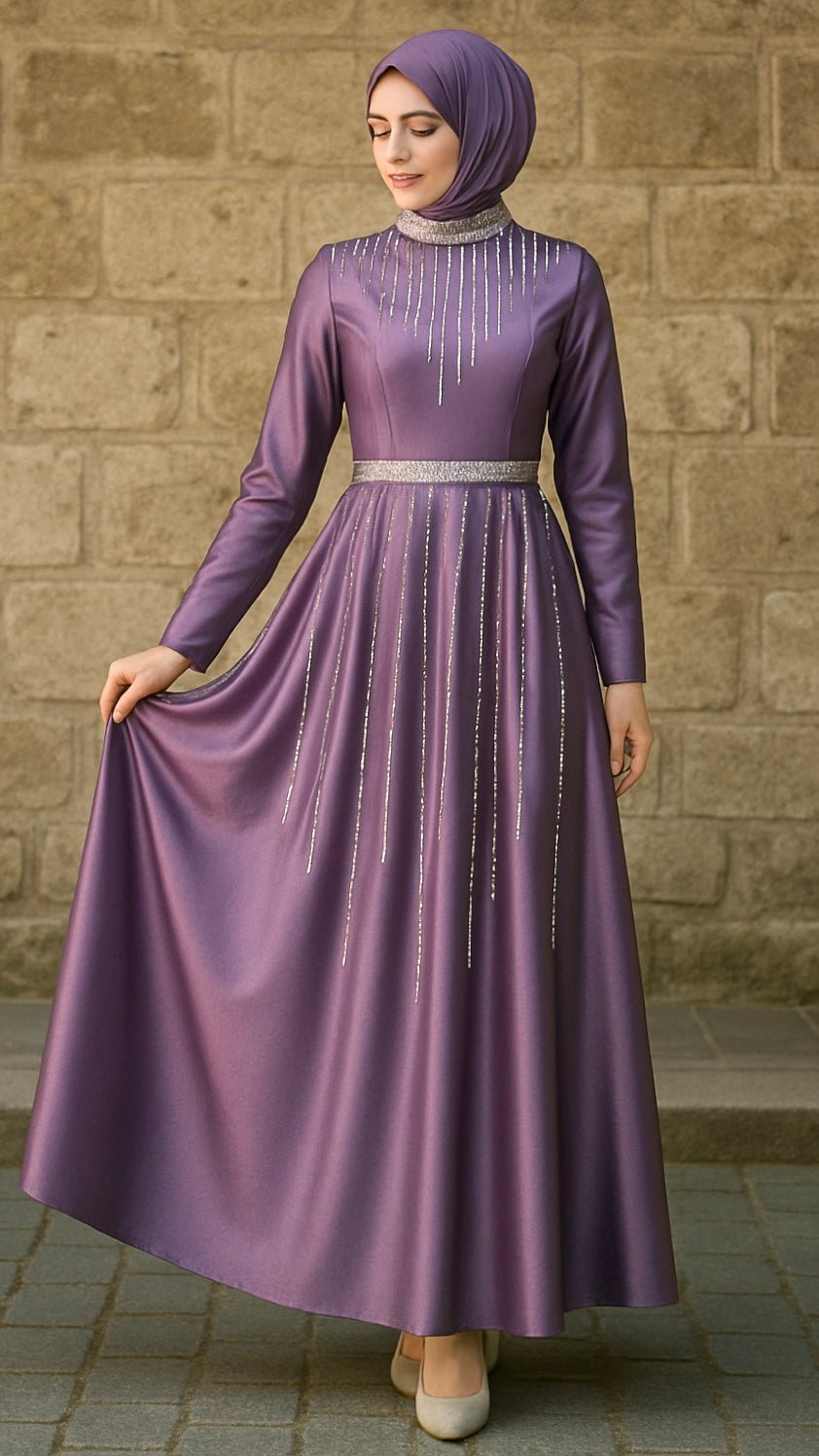 Stone Neck Satin Dress – Turkish Evening Dresses UK 2 Stone Neck Satin Dress – Turkish Evening Dresses UK - Image 2