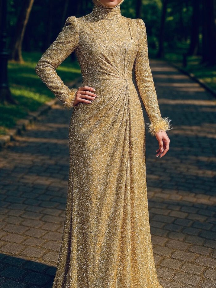 Alternative view of Islamic Gold Wedding Dress – Elegant Fish Model with Tassel Sleeves
