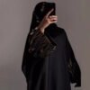 Stunning Hot Abaya – Elegant Black with Golden & White Floral Embroidery & 3D Detail - Image 2