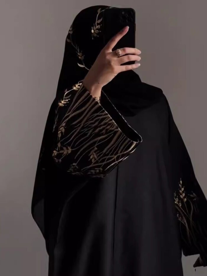 Alternative view of Stunning Hot Abaya – Elegant Black with Golden & White Floral Embroidery & 3D Detail