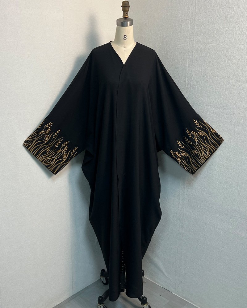 Stunning Hot Abaya – Elegant Black with Golden & White Floral Embroidery & 3D Detail - Black Gold Flowers , Free Size