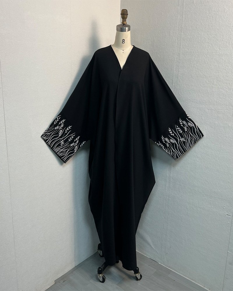 Stunning Hot Abaya – Elegant Black with Golden & White Floral Embroidery & 3D Detail - Black White Flowers , Free Size