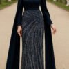 Regal Pearl Embroidered Evening Dress with Cape - Image 3