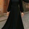 Striking Rose Sleeve Satin Dress – Embroidered Evening Dresses - Image 2