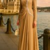 Stunning Satin Evening Dress with Sleeves – Side Stone Pleated Elegance 14 Satin Evening Dress with Sleeves
