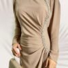 Stunning Satin Evening Dress with Sleeves – Side Stone Pleated Elegance - Image 4