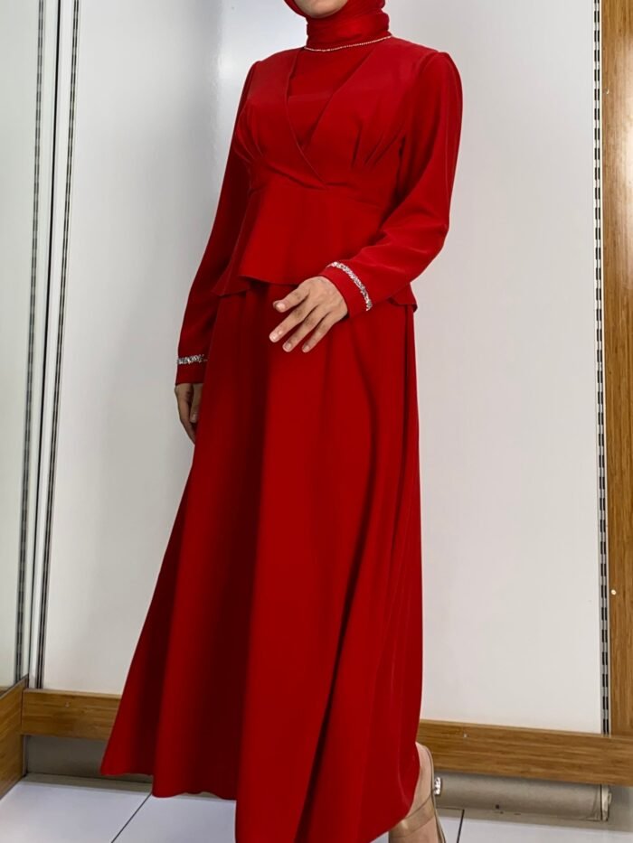 Stunning Skirt Suit Black – Pearl Neck Skirt Suit in Crepe (Red/Navy/Beige)