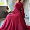 Satin Evening Dress with Rose Detail on Skirt and Sleeves - Image 4