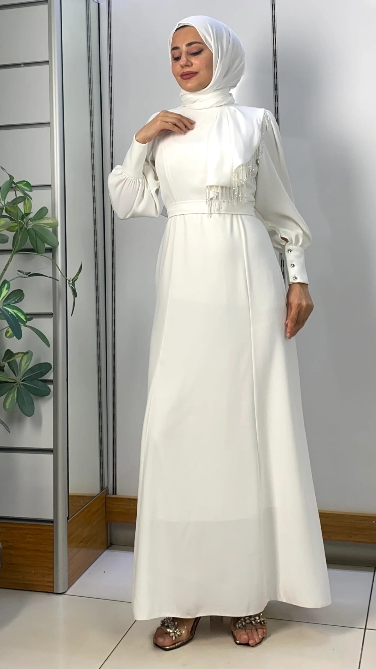 Front Beaded Belted Dress White 8 Front Beaded Belted Dress White - Image 8