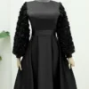 Satin Evening Dress with Rose Detail on Skirt and Sleeves - Image 10