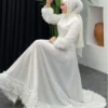 Satin Evening Dress with Rose Detail on Skirt and Sleeves - Image 2