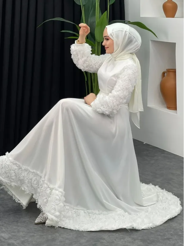 Alternative view of Satin Evening Dress with Rose Detail on Skirt and Sleeves