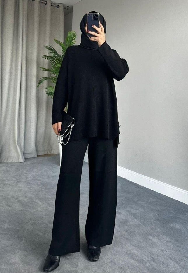 Metal Buttoned Knitwear Suit Black