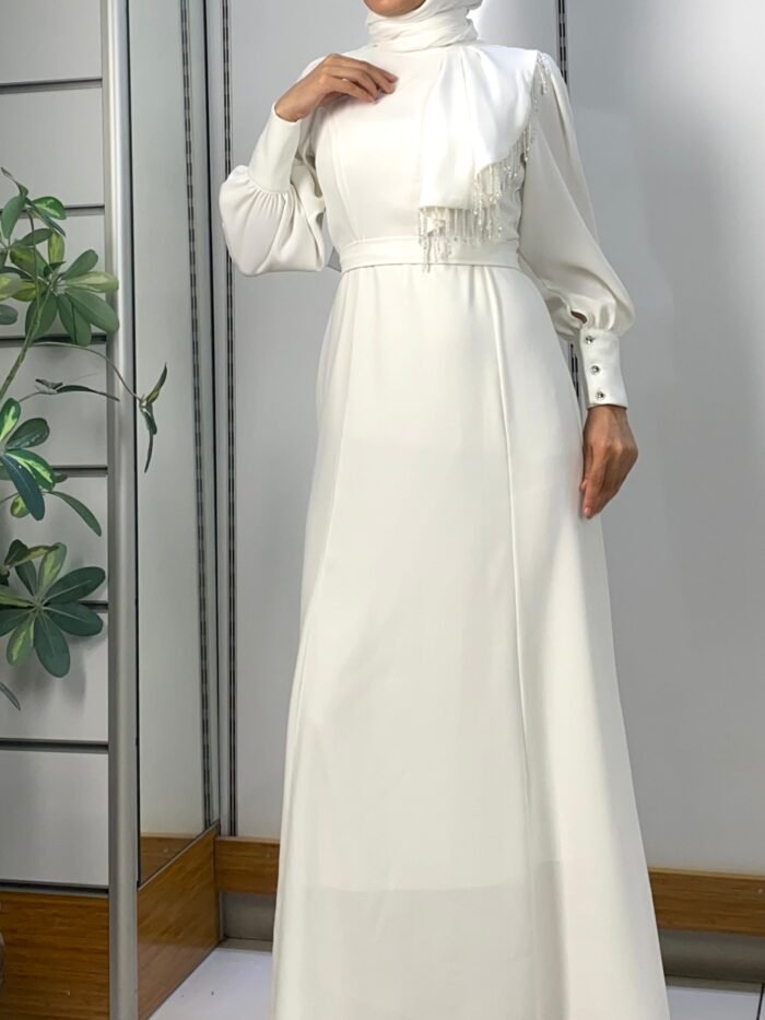 Front Beaded Belted Dress White