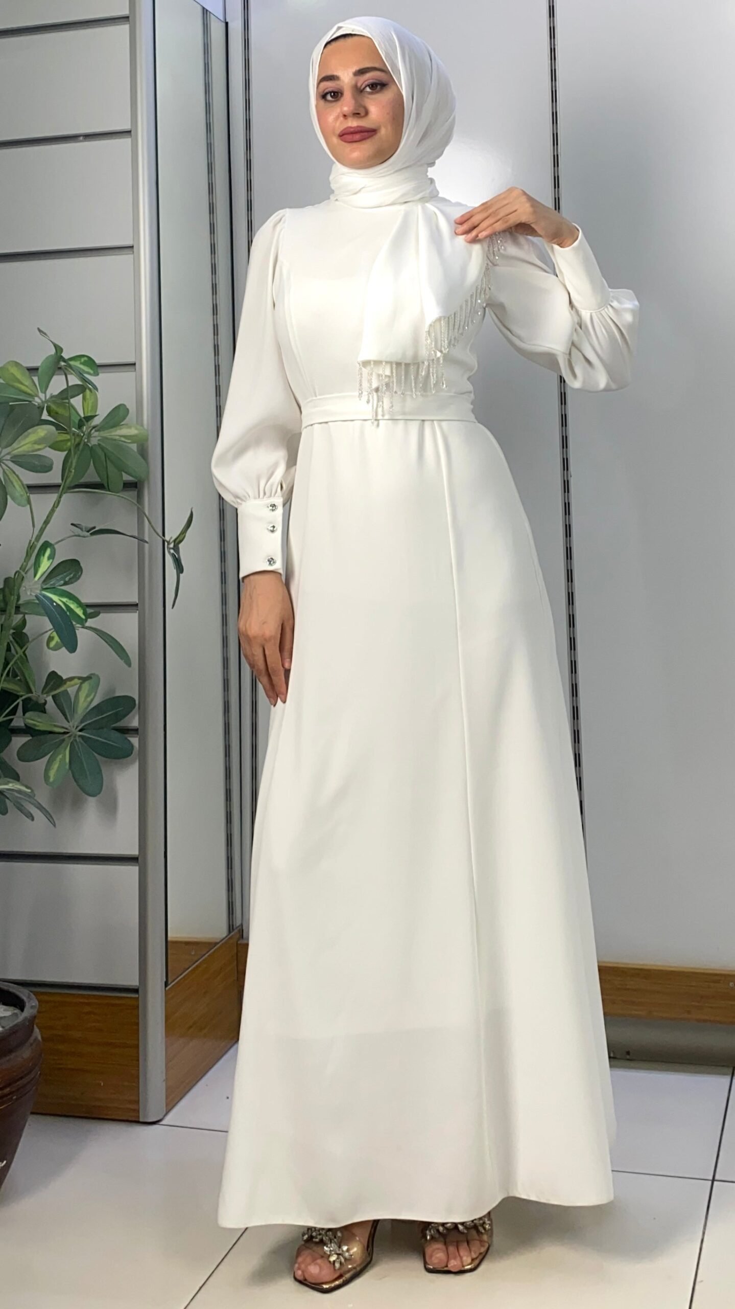 Front Beaded Belted Dress White 3 Front Beaded Belted Dress White - Image 3