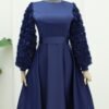 Satin Evening Dress with Rose Detail on Skirt and Sleeves - Image 6