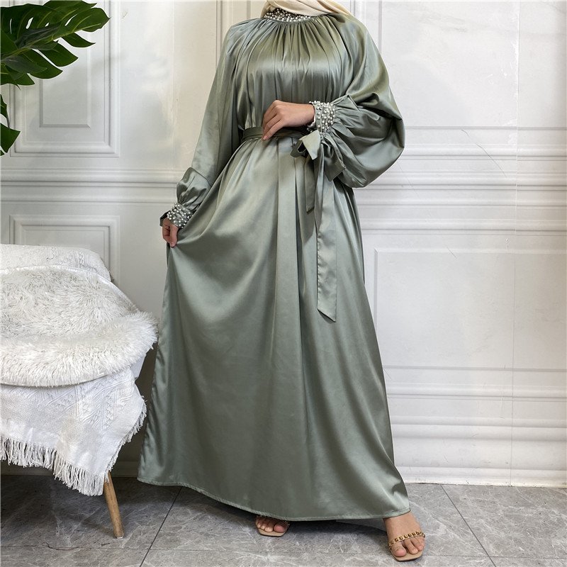 Satin Dress With White Pearl Neck And Cuffs - Green , S