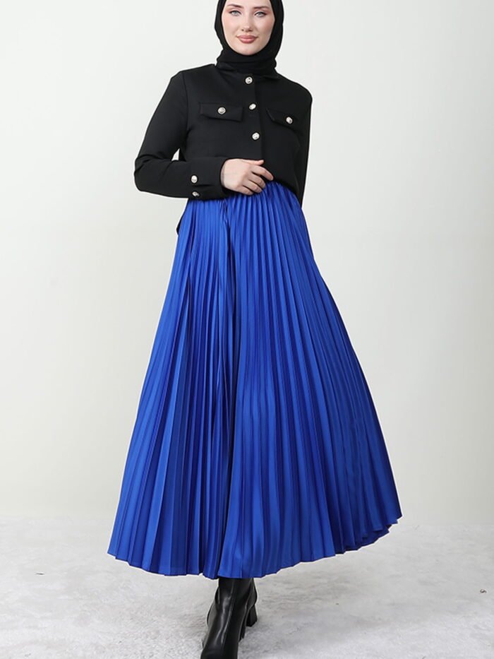 Satin Pleated Skirt in Saxon Blue