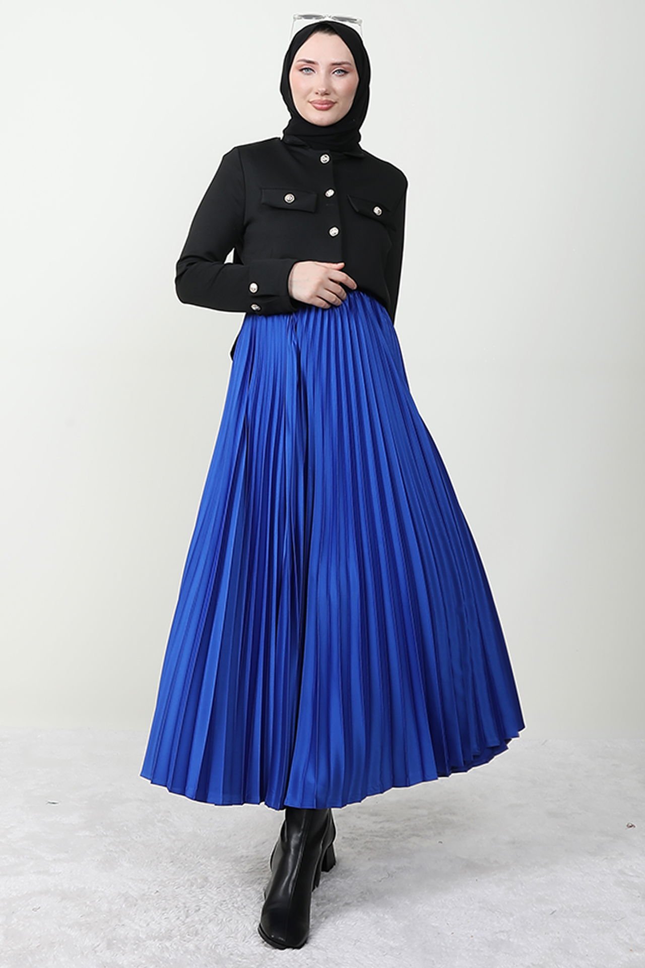 Satin Pleated Skirt in Saxon Blue 1 Satin Pleated Skirt in Saxon Blue