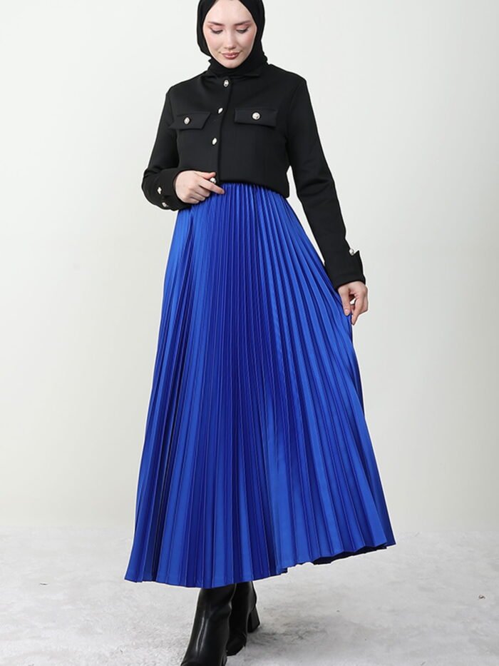 Alternative view of Satin Pleated Skirt in Saxon Blue