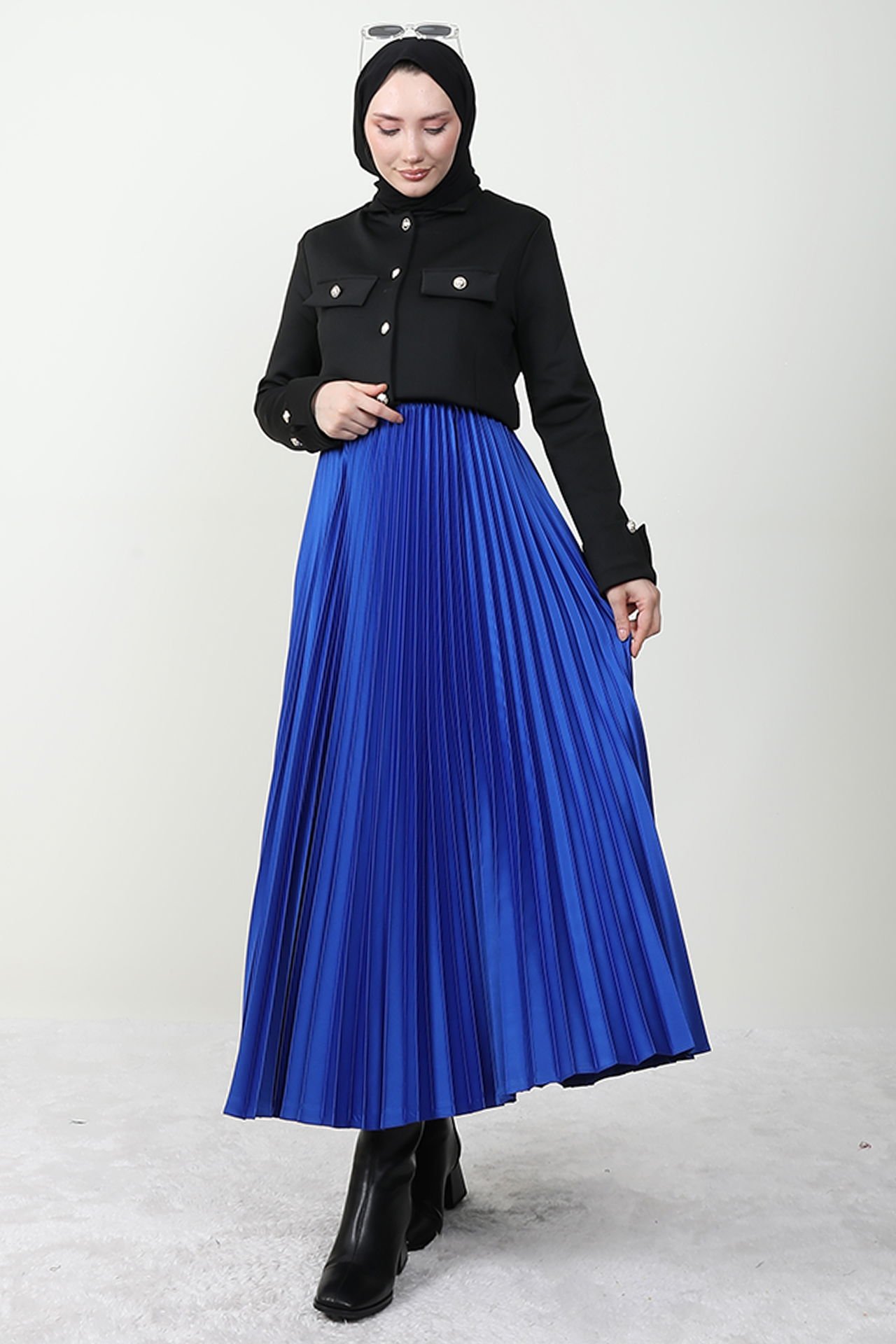 Satin Pleated Skirt in Saxon Blue 2 Satin Pleated Skirt in Saxon Blue - Image 2