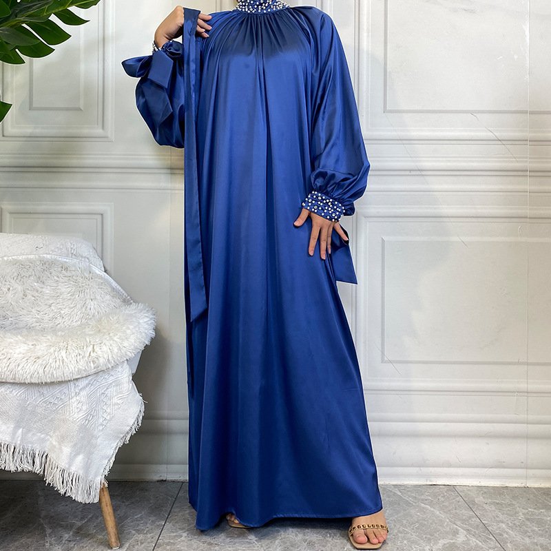 Satin Dress With White Pearl Neck And Cuffs - Blue , 2XL
