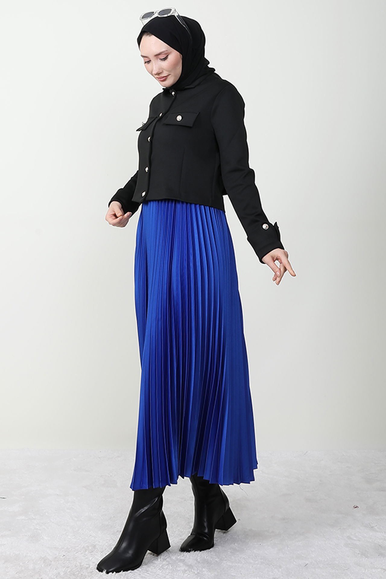 Satin Pleated Skirt in Saxon Blue 3 Satin Pleated Skirt in Saxon Blue - Image 3