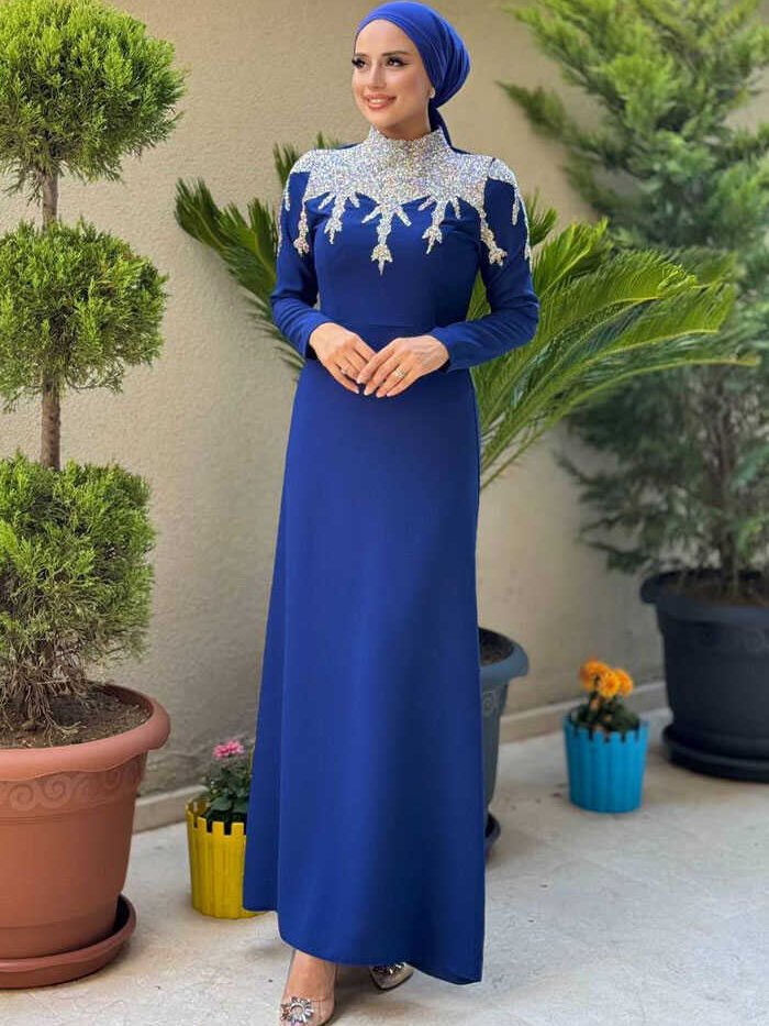 Stone Detailed Evening Dress 3916 Navy Blue