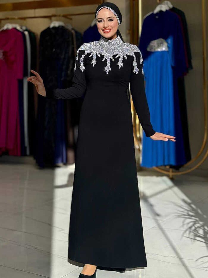 Stone Detailed Evening Dress 3916 Black