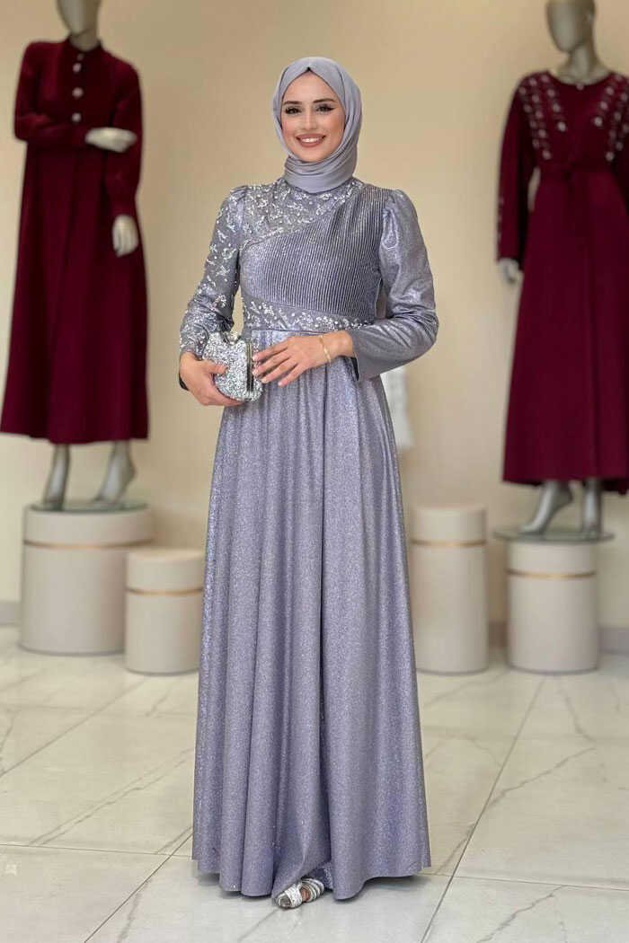 Glittery Stone Detailed Evening Dress 3934 Black - 44 , Gray