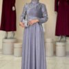 Glittery Stone Detailed Evening Dress 3934 Gray