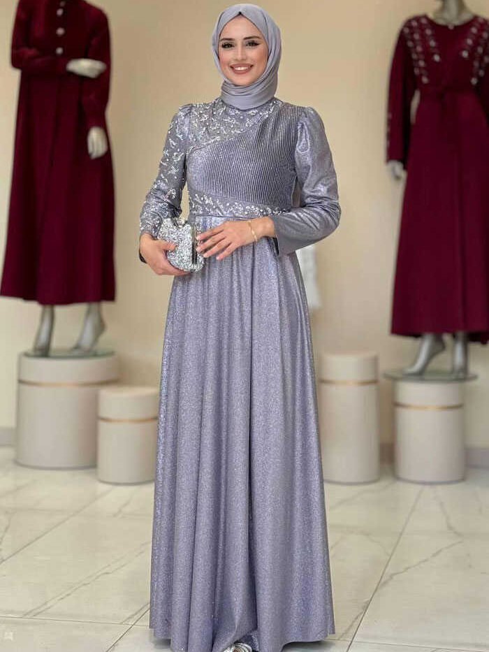Glittery Stone Detailed Evening Dress 3934 Gray
