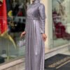 Glittery Stone Detailed Evening Dress 3934 Gray - Image 3