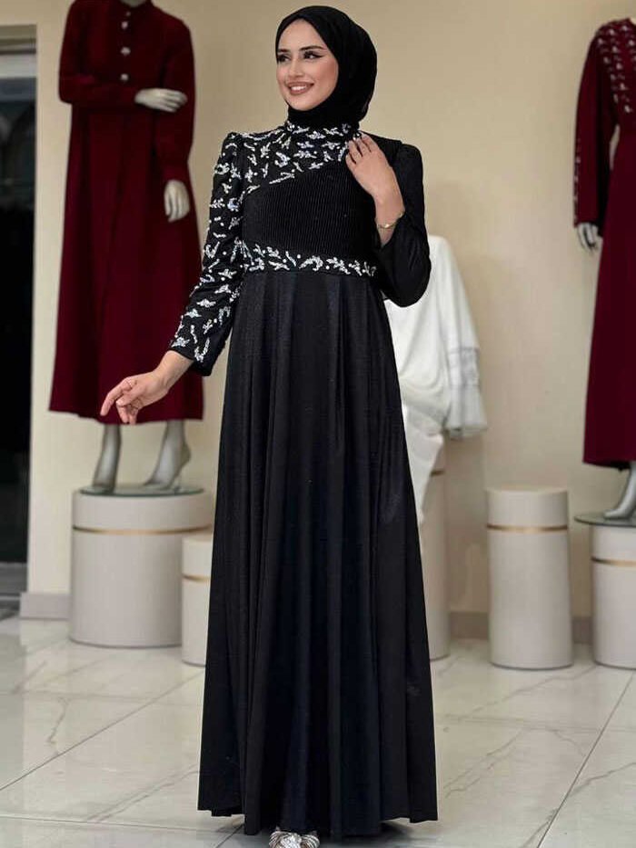 Glittery Stone Detailed Evening Dress 3934 Black