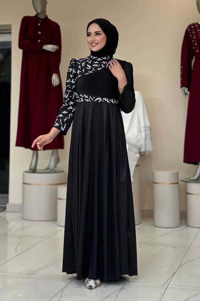 Glittery Stone Detailed Evening Dress 3934 Gray - 40 , Black